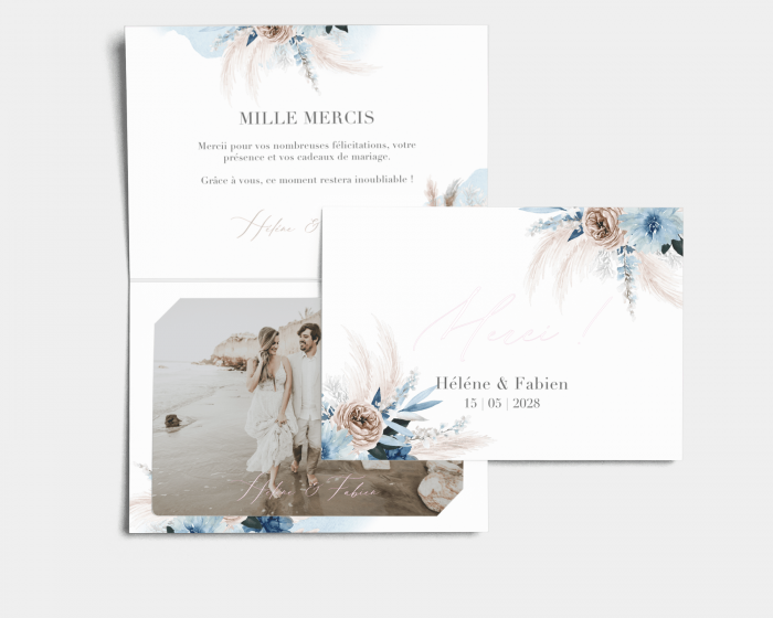 Bloomy Blue - Carte de remerciements mariage avec Photo