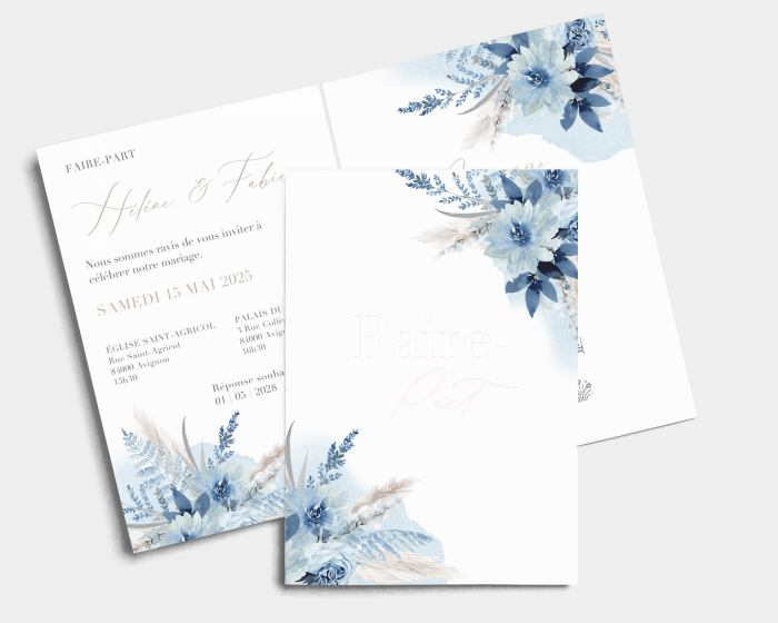 Bloomy Blue - Faire-part mariage Carte pliante (verticale)