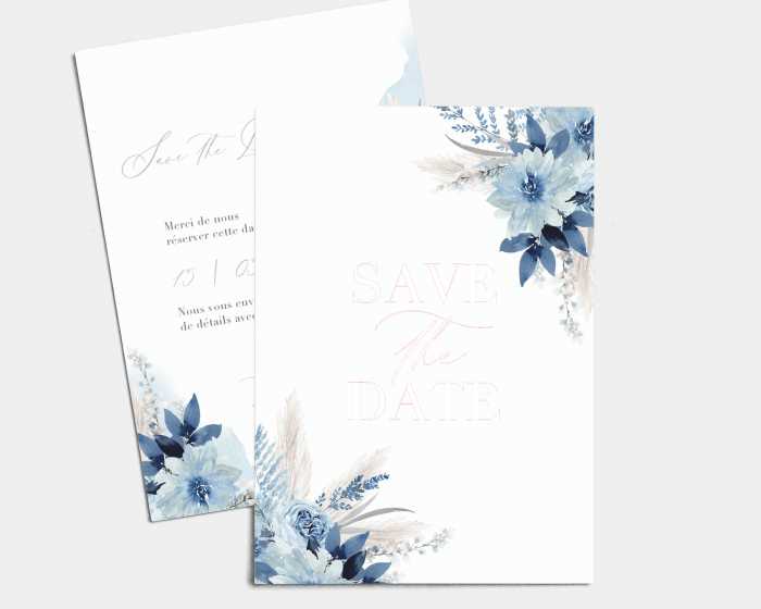 Bloomy Blue - Save the Date carte mariage (vertical)