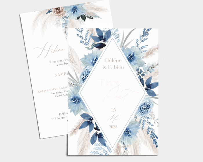 Bloomy Blue - Carte d´invitation au mariage (verticale)