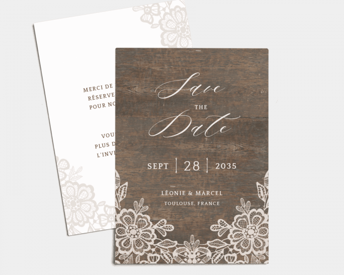 Woodgrain Lace - Save the Date carte mariage (vertical)