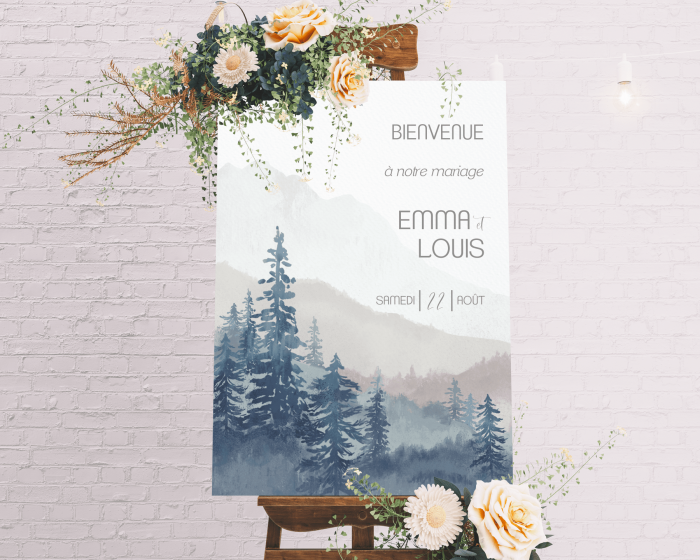 Painted Mountains - Panneau de bienvenue mariage (vertical)