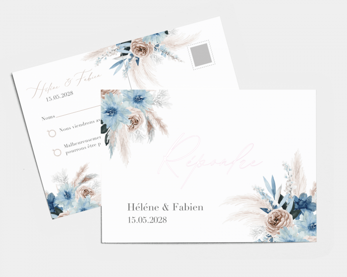 Bloomy Blue - Carte-réponse pour mariage (horizontale)